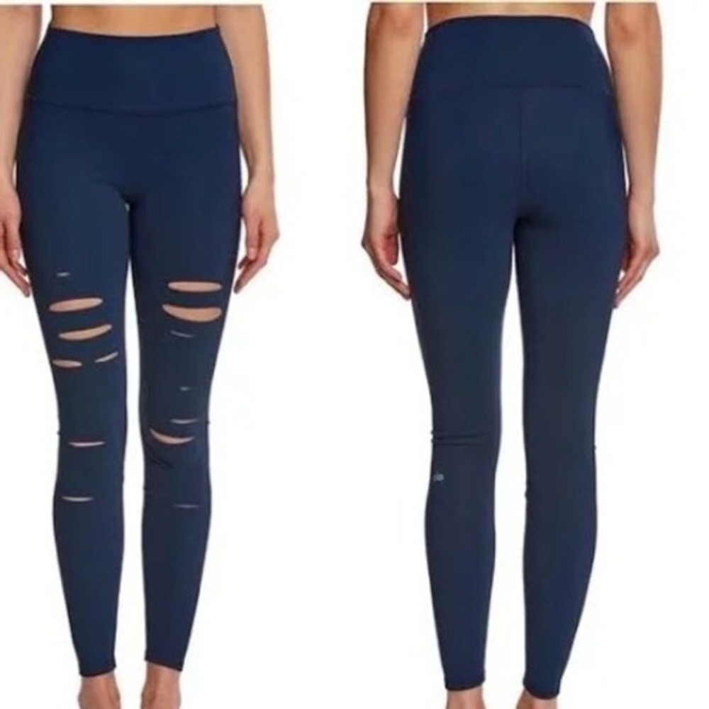 Alo Yoga Navy Blue High-Waist Ripped Warrior Leggings Large